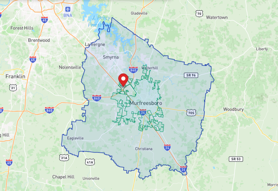 AHJ map showing Rutherford County with city polygon overlay and geocode pin